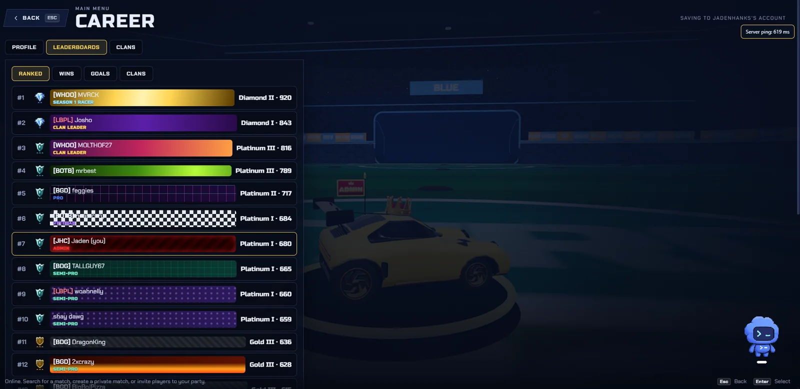 Nitro Pitch Career leaderboard showing player ranks and ranked MMR