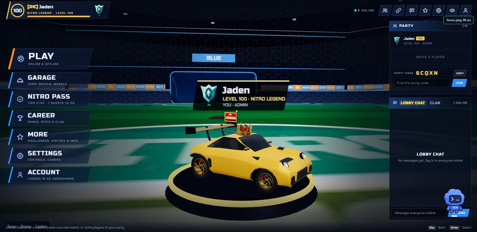 Nitro Pitch main menu with a gold car and Play, Garage, Nitro Pass and Career options
