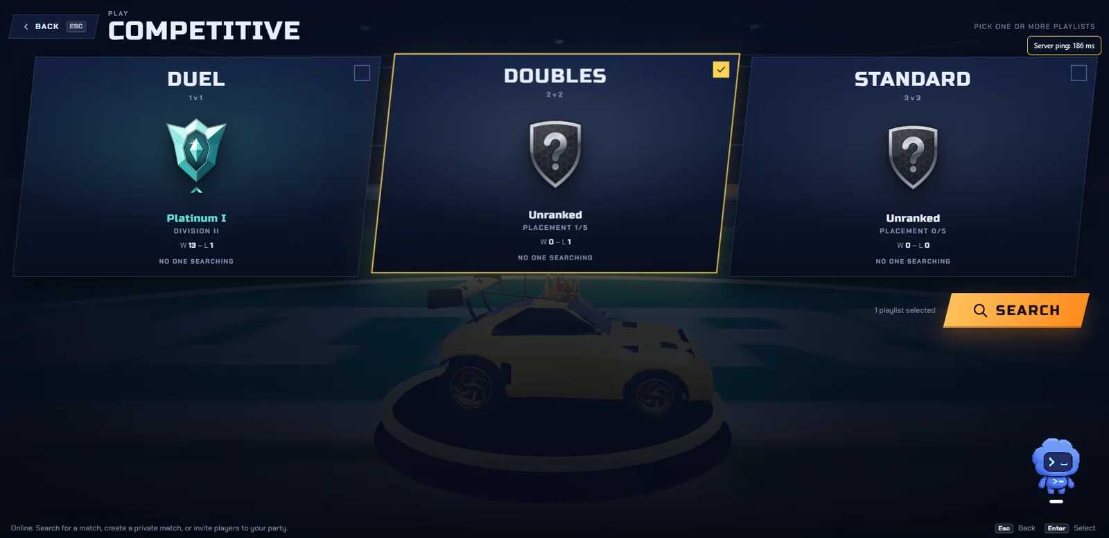Nitro Pitch competitive menu showing Duel 1v1, Doubles 2v2 and Standard 3v3 playlists